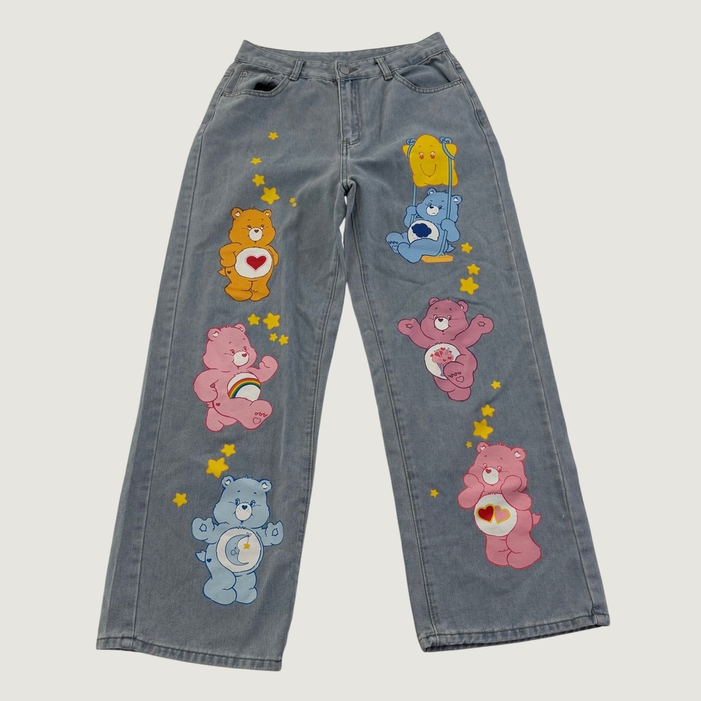 Romwe x Care Bears Light Wash Wide Leg Graphic Denim Jeans Womens Size M US 6